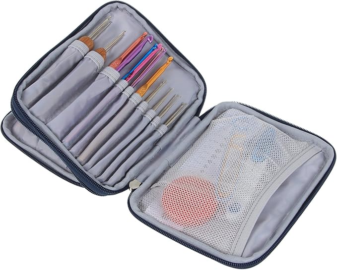 Teamoy Crochet Hook Case - Empty Organizer with Multiple Pockets for Needles & Knitting Accessories, Cats Blue