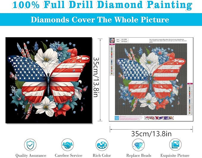Patriotic Diamond Art Kit for Adults Independence Day Butterfly Diamond Painting Kits for Adult Beginners Full Drill Round 4th of July Diamond Art Painting Kits for Home Wall Decor 13.8x13.8in