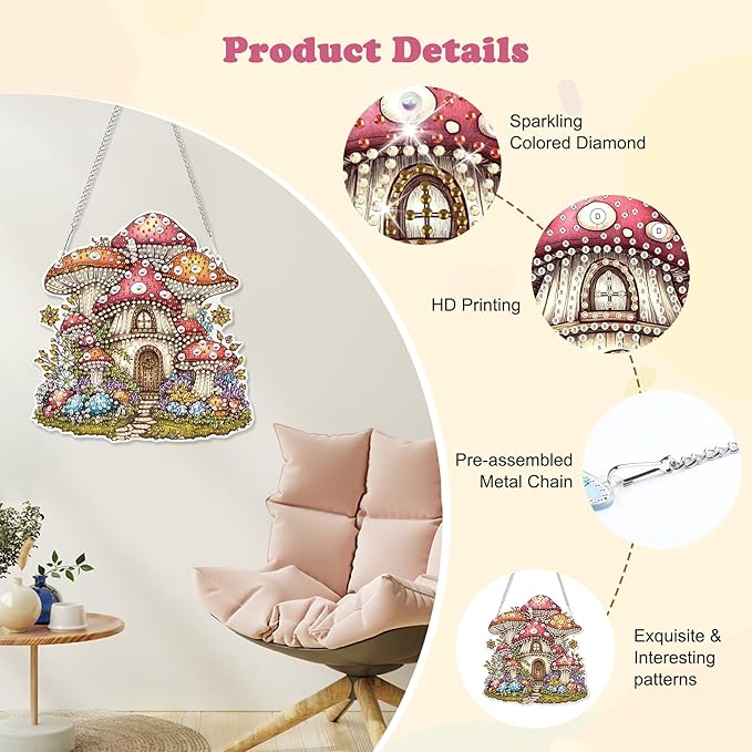 HEIBAGO Mushroom House Hanging Diamond Art Kits for Adults, Fall Special Shaped Crystal Diamond Painting Ornament Kit, DIY Double-Sided Pattern Gem Art Kit for Home Wall Decor 8.3x8.3inch