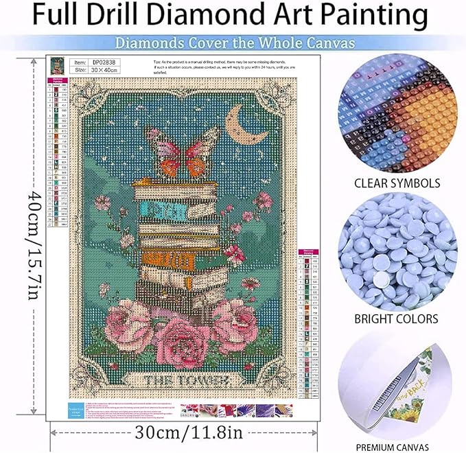 WUDWL Tarot Diamond Art Kits for Adults, Flower-Book-Moon DIY Modern Diamond Painting Kits 5D Diamond Dots Gem Art Crafts with Tools,Spring Round Full Drill Crafts for Home Wall Decor&Gift-12x16in
