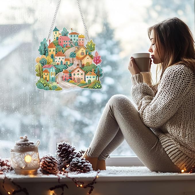 GHHKUD Hanging Diamond Art House Pendants Kits, DIY Hanging Decoration Double Sided Landscape Diamond Pinting Ornaments for Adults Kids Gifts for Home Decor