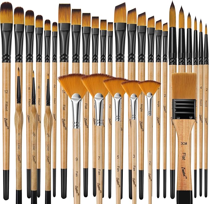 Bougimal 33 Pcs Paint Brush Set, Artist Paint Brushes for Acrylic Painting, Oil, Watercolor, Gouache, with Flat Round Filbert Fan Angle Detail Brush, Suitable for Artists and Beginners