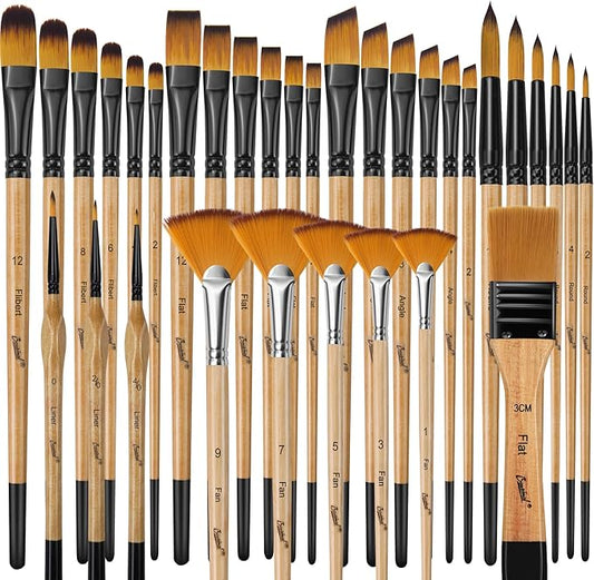 Bougimal 33 Pcs Paint Brush Set, Artist Paint Brushes for Acrylic Painting, Oil, Watercolor, Gouache, with Flat Round Filbert Fan Angle Detail Brush, Suitable for Artists and Beginners