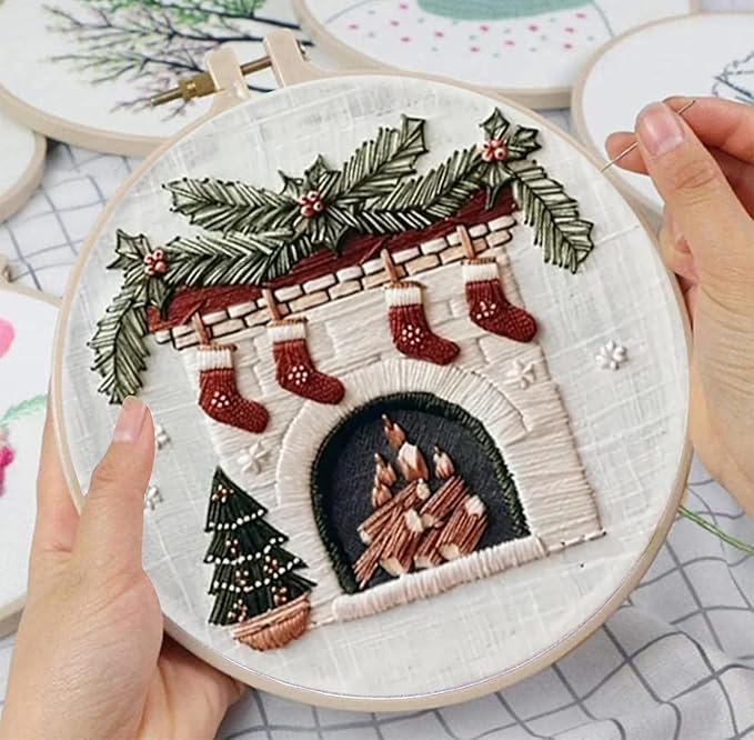Huacan Embroidery Kits for Adults Beginner DIY Cross Stitch Stamped Christmas Pattern Stitching Fireplace Sewing Kit 1 Piece 7.8 x 7.8 Inch