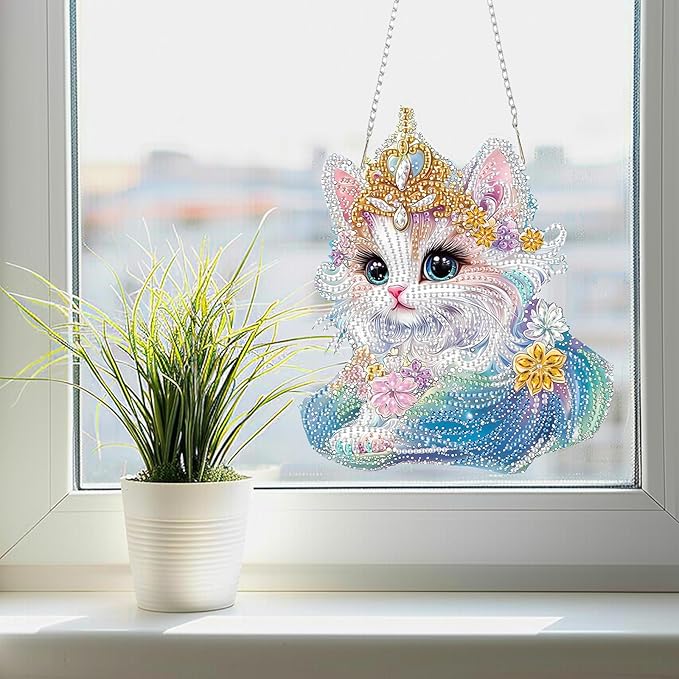 SENQAO Cat Diamond Painting Pendant Kits for Adult, 5D Diamond Art Diamond Painting Hanging Kits, DIY Diamonds Painting Suncatcher Pendant Kit for Adults for Gift Wall Home Decor