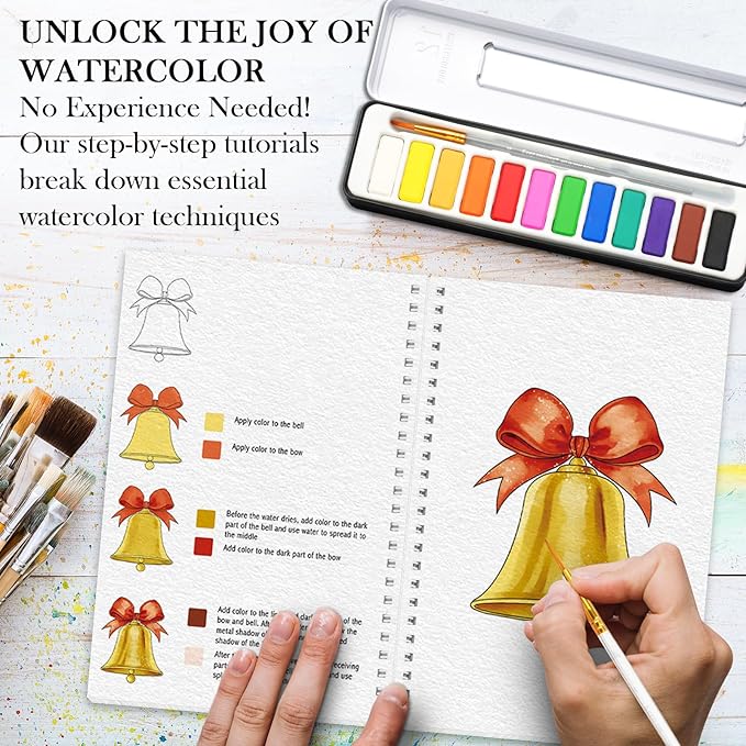 Watercolor Workbook, Watercolor Workbook Paint Book Beginner Friendly with 12 Patterns, Beginner-Friendly Watercolor Workbooks with 12 Paint Colors & Brush, Water Color Paint Set, Valentine's Day Gift