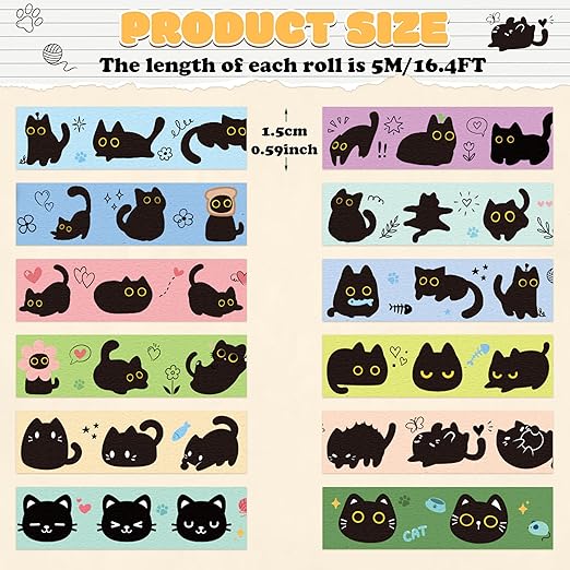 Black Cat Washi Tape - 12Pcs Cute Trendy Black Cat Design Cute Eco-Friendly Masking Tape Decorative DIY Crafts Artist Tape Set School Office Journal Kids Art Supplies Gift Wrapping