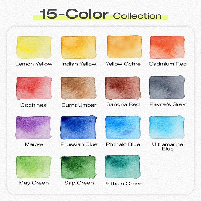 10 Pcs Mini Watercolor Paint Set, All-in-One Walnut Wood 15-Color Premium Pocket Travel Paint Kit, with Crossbody Bag,Watercolor Journal Metal Clip Paint Ideal for Art Lovers (10)