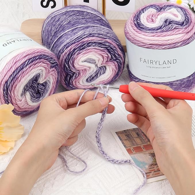 Aeelike Gradient Yarn for Crocheting, 3 Skeins Cake Yarns 100g (3.52 oz) 245m (267 Yards) # 3 Light Weight - Super Soft Ombré Fairyland Yarns for Making Colorful Crafts, Purple Gradient