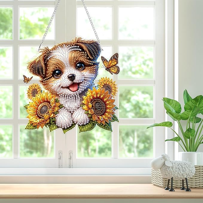 Bowetile Dog Diamond Art Hanging Kits for Adults, 5D Special Shape Diamond Painting Sunflowers Pendant Kits, Animal Gem Art Suncatchers Painting Window Ornament for Home Garden Wall Decor
