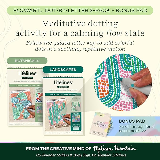 Lifelines FlowArt Activity Pads, 2-Pack & Bonus Pad - Guided Dot-by-Letter Art Meditations - 8 Double-Sided Markers & 48 Scenes - Color by Number/Letter Coloring Books for Tweens, Adults & Seniors