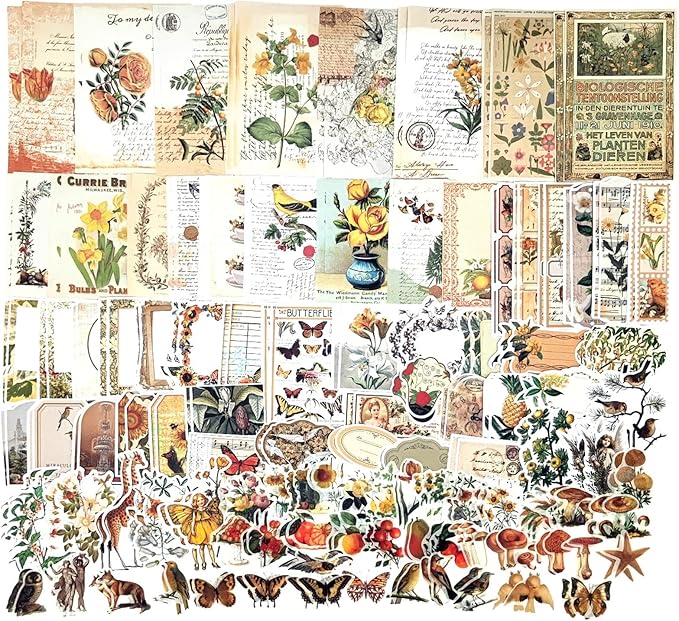Esweny 200PCS Vintage Scrapbooking Supplies Kit for Journaling, Scrapbook Sticker Paper Pack for Junk Journal Planners Aesthetic Cottagecore Room Decor Wall Art Collage Album