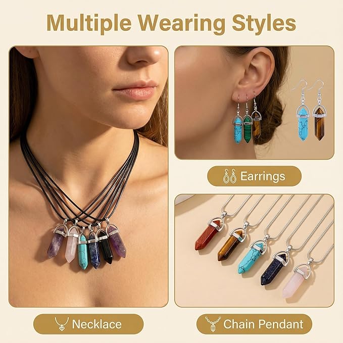 Crystal Pendants Mutilcolor 50pcs Gemstone Bullet Meditation Healing Pointed Quartz Chakra Crystal Stone Reiki Pendants for Necklace Jewelry Making