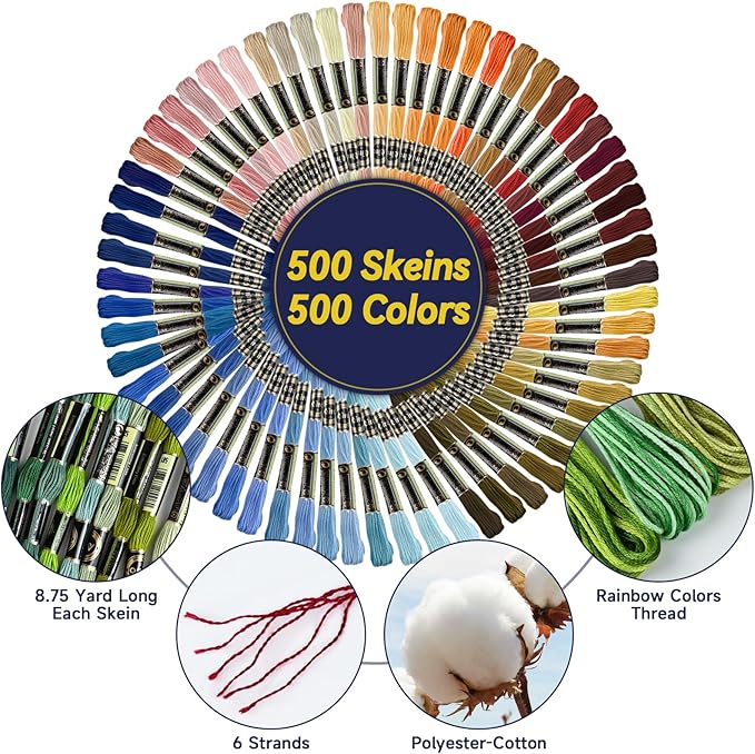 500 Skeins Embroidery Floss - 500 Color Rainbow Cross Stitch Thread, 26.3ft Each Skein Embroidery Polyester-Cotton Thread for Cross Stitch, Embroidery, Craft Floss, Bracelet Making