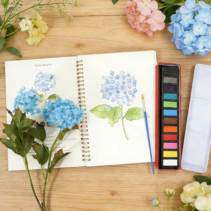Watercolor Workbook for Adults Watercolor Coloring Books for Adults Beginners, Easy Water Coloring Book, Flower Water Color Paint Set Painting Kit with 1 Spiral Sketchbook, 12 Colors, 2 Brush 1 Bucket