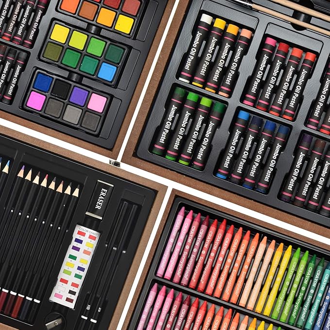 Sunnyglade 145 Piece Deluxe Art Set, Wooden Art Box & Drawing Kit with Crayons, Oil Pastels, Colored Pencils, Watercolor Cakes, Sketch Pencils, Paint Brush, Sharpener, Eraser, Color Chart (Tan)