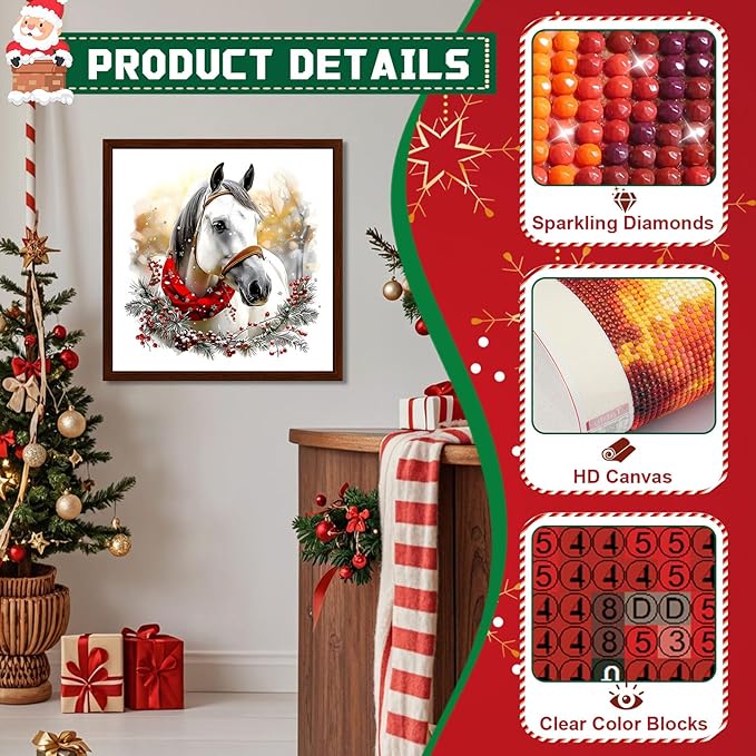 EMIEAUFG Christmas Diamond Art Kits for Adults, Horse Diamond Paiting Kit for Beginners, 5D DIY Round Full Drill Craft Diamond Dot Gem Art, Home Wall Decor 14" x 14"