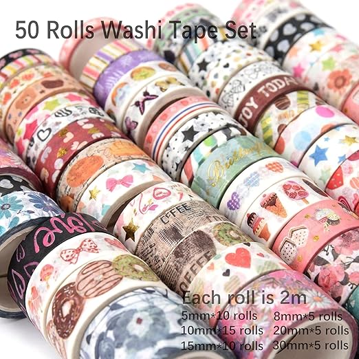 50 Rolls Washi Tape Set, Assorted Sizes, for Junk Journal Scrapbook, Bullet Journaling Scrapbooking Supplies, Planner Sticker DIY Craft Decor (Serene Basics)