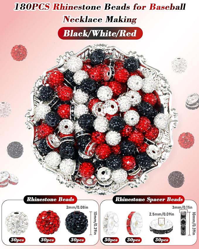 180pcs fiveizero 10mm rhinestone beads for jewelry making – sparkly round crystal clay beads & spacers in baseball team colors for bracelets, necklaces & diy crafts (black, white, red)
