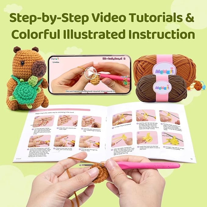 Mewaii Crochet Kit for Beginners Level 1 with 40% Extra Eco-Friendly Pre-Started Easy Yarn, Step-by-Step Video Tutorials for Adults and Kids (Capybara)