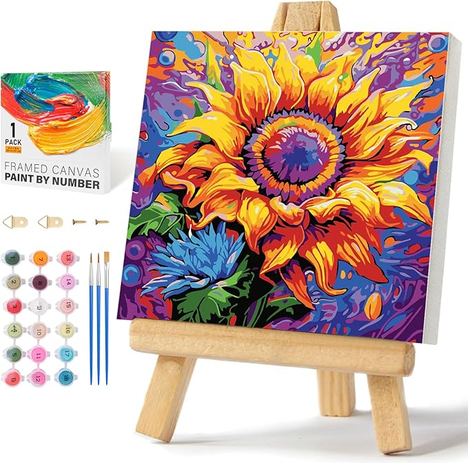 Framed Paint by Numbers Kit for Adults Beginners & Kids Ages 8-12, Sunflower Acrylic Easy Paint by Number with Frame, Watercolor Paint by Number Kits on Canvas Framed (10 * 10 Inch, without Easel)