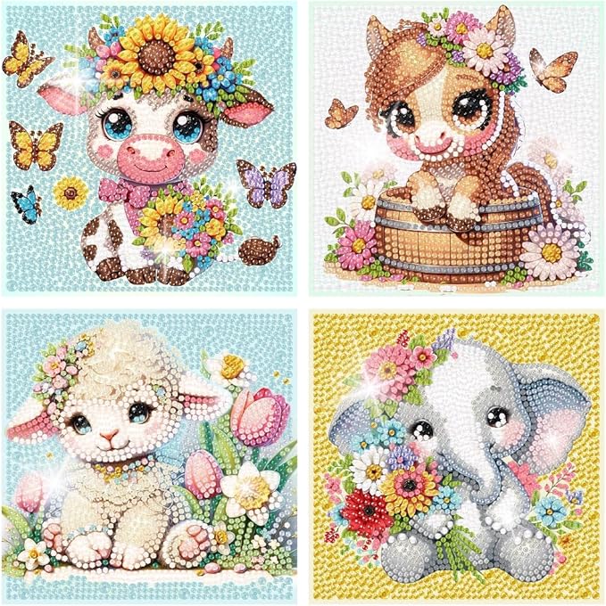 4 Pack 5D Animals Diamond Painting Kits for Kids- Crystal Diamond Art for Adults Kids, DIY Full Drill Animal Family Gem Art Picture, Adults Gem Dot Crafts for Home Wall Decor 6x6 inch(without frame)