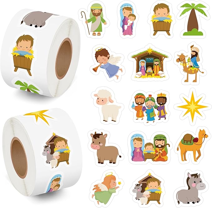 beyumi christmas nativity scene sticker - 1000pcs christmas religious stickers in 2 rolls waterproof vinyl xmas christian stickers jesus characters sheep donkey camel decals party laptop bottle decor