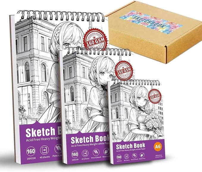 Thickened Mixed Media Sketchbook - Three Different Sizes, Drawing Paper Pad-108lb/160gsm, (Anime X, Gift Set （A4+A5+A6)