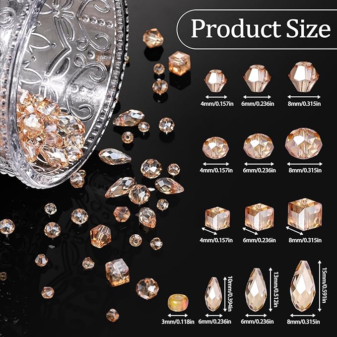 Song Xi 1500PCS Glass Beads for Jewelry Making, Assorted Faceted Crystal Beads Kit for Bracelet Earring Necklace, for DIY Clear and Iridescent Christmas Gift (Champagne Color) ﻿ ﻿