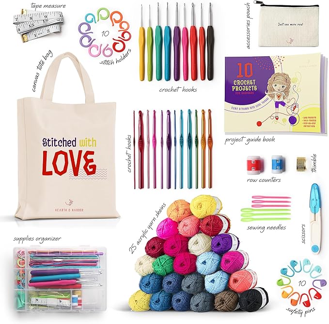 learn to crochet kit for beginners adults – beginner crochet kit for adults and kids, 80 piece crochet set with step-by-step guide and projects book, crochet starter kit, crochet yarn, and hooks