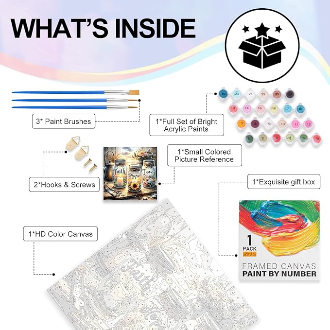 Framed Paint by Numbers Kit for Adults Beginner & Kids Ages 8-12, Faith, Hope, Love Wishing Bottle Paint by Numbers Without Easel, DIY Number Painting for Adults for Home Wall Decor Gift 10x10 inch