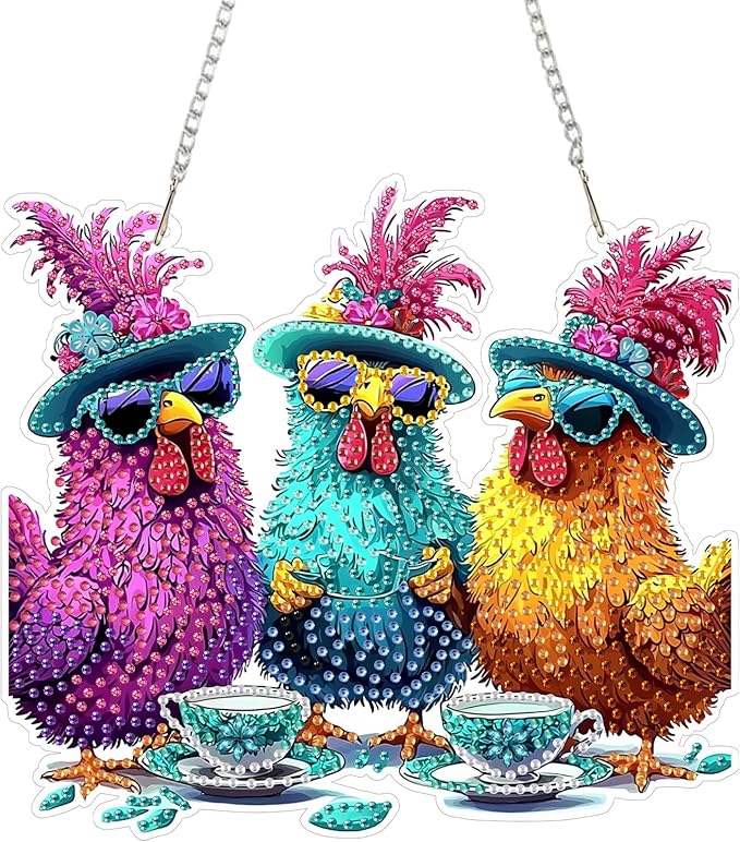 SENQAO Chicken Diamond Art Hanging Kits for Adults Kids, Acrylic Diamonds Painting Pendant Board Kit Chicken, Diamond Art Painting Window Pendants Home Garden Wall Hanging Kits Hanging Ornament