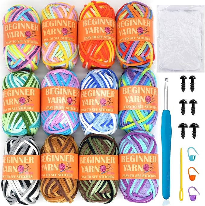 JOYTAG 12 Pack Beginners Crochet Yarn Rainbow Cotton Crochet Yarn for Crocheting Knitting Beginners with Easy-to-See Stitches Beginner Crochet Kit(12x25g)-Mixed Rainbow