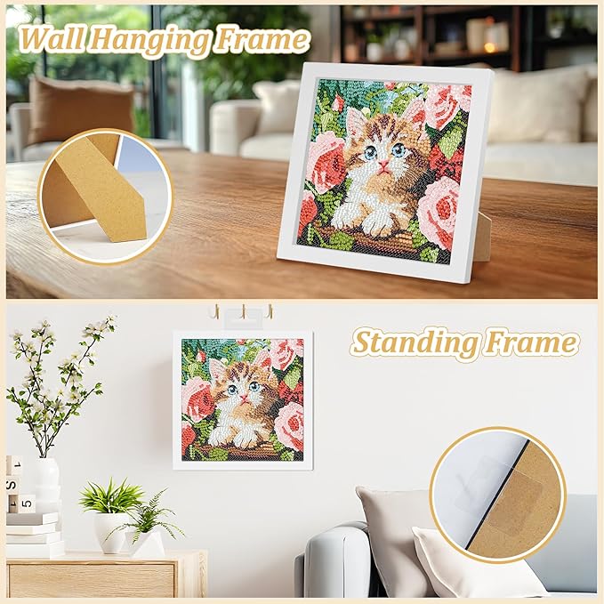 SENQAO Cat Diamond Art Kit for Adults with Frame Art and Crafts for Adults Ages 4-6-8-12 Easy to DIY Diamond Art for Adults and Adult Beginners Home Wall Decoration 7.1x7.1inch (Cat and Flower)