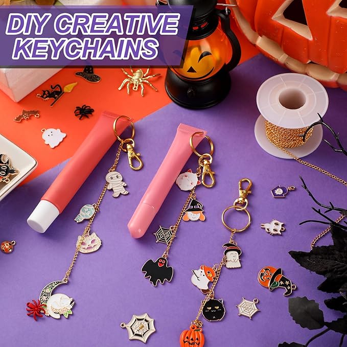 VioraWhite 213 Pcs Halloween Theme Lip Gloss Keychain Making Kit 100 Pink Enamel Charms 32.81 ft Gold Chains for DIY Crafts Women