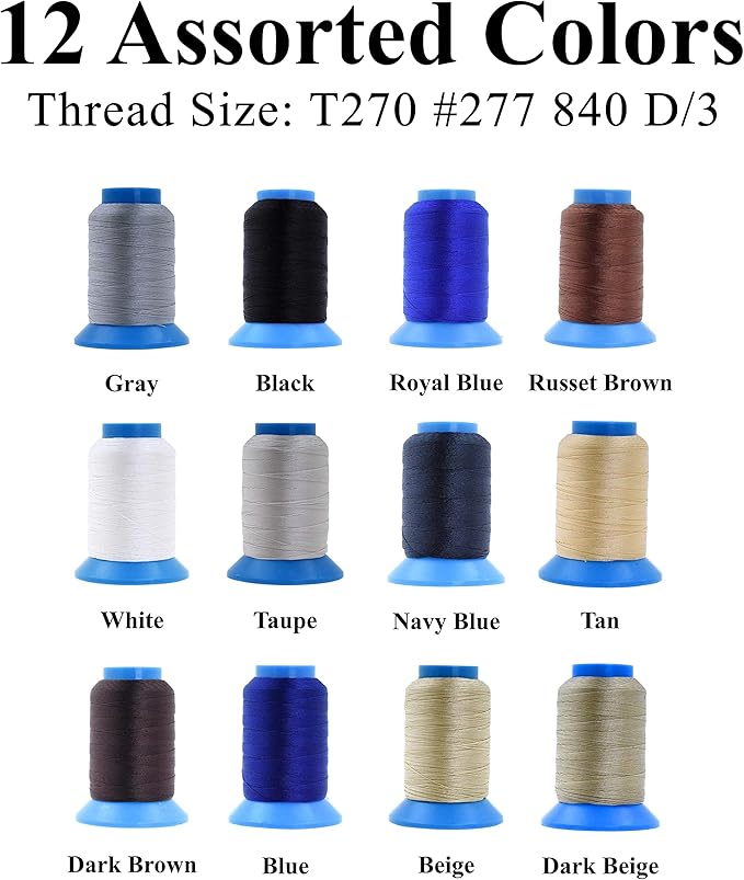 Mandala Crafts Size 277 840D T270 Bonded Nylon Thread - 12 Neutral Colors 780 YDs Tex 270 Heavy Duty Sewing Threads for Leather, Jeans, Weaving, Outdoor Marine Upholstery