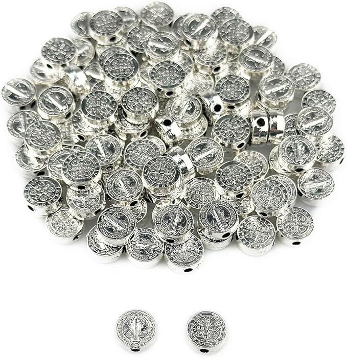 100pcs 9mm St. Benedict Medal Spacer Beads – Double-Sided Silver-Tone Catholic Cross Coin Beads for DIY Rosary Making, Bracelet & Necklace Jewelry Supplies (Saint Benedict)