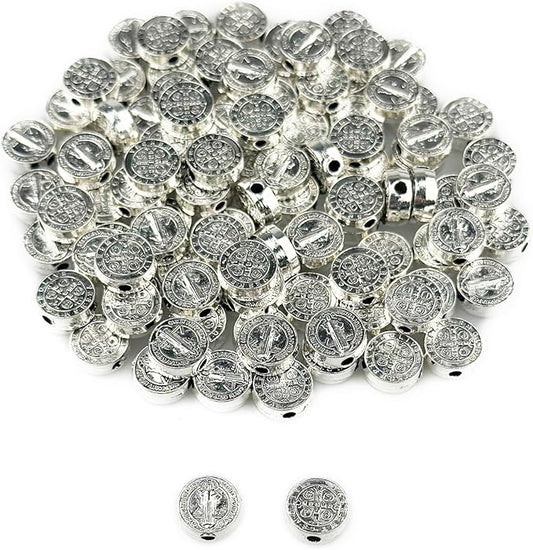 100pcs 9mm St. Benedict Medal Spacer Beads – Double-Sided Silver-Tone Catholic Cross Coin Beads for DIY Rosary Making, Bracelet & Necklace Jewelry Supplies (Saint Benedict)