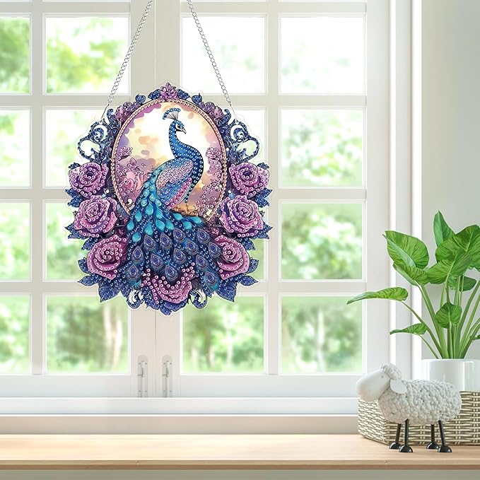 Bowetile Peacock Diamond Art Hanging Kits for Adults, 5D Special Shape Diamond Painting Flowers Pendant Kits, Animal Gem Art Suncatchers Painting Window Ornament for Home Garden Wall Decor
