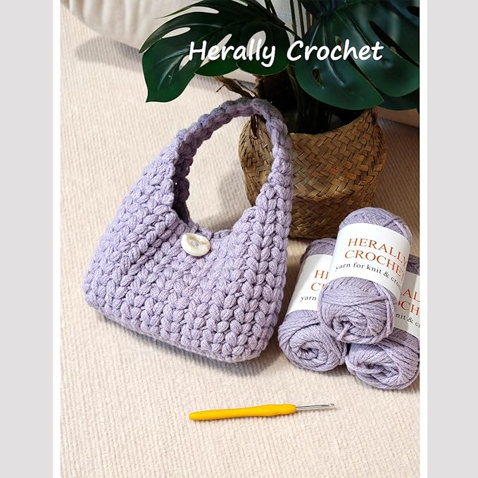 Herally Crochet Kit DIY for Beginners - Include Yarn, Hook and Accessory - with Step by Step Video Tutorials - Wheatear Hobo Bag (Lavender)
