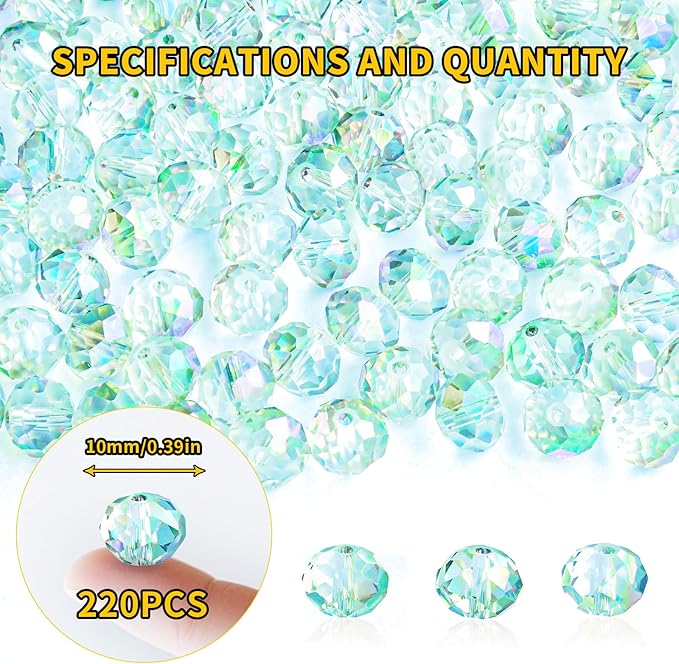 laopottbeads 220pcs 10mm crystal glass beads for jewelry making beads for bracelets necklace pendants making supplies(light blue green)