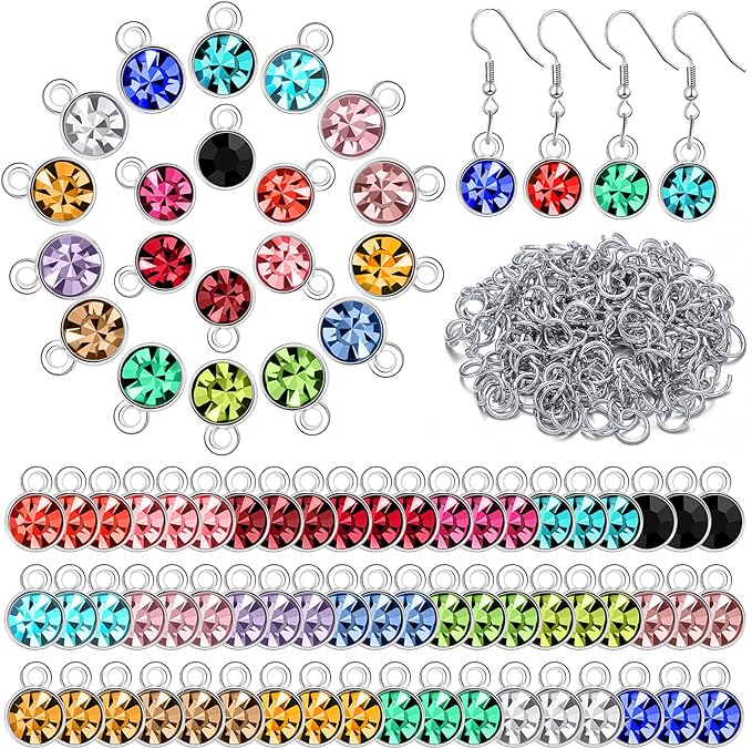 Sureio 80 Pieces Crystal Birthstone Charms with 200 Jump Ring Handmade DIY Beads Pendant Mixed Color Birthstones for Jewelry Making Round Charms for Bracelets Necklaces Jewelry Findings (Vivid Color)