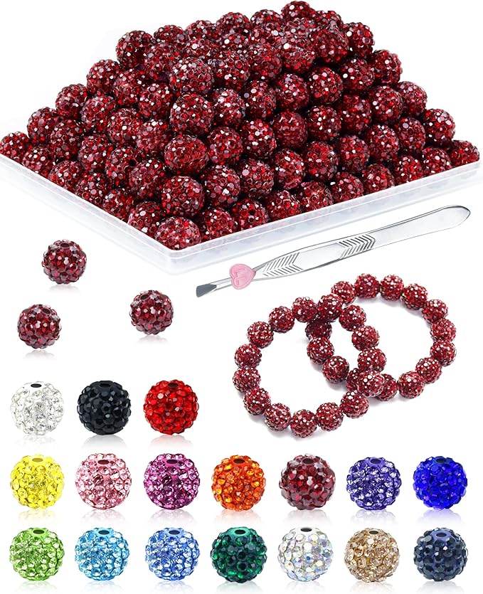 120PCS FIVEIZERO Rhinestone Beads for Jewelry Making, 10mm Dark Red Shiny Round Shamballa Disco Bead, Sparkle Crystal Clay Beads for DIY Bracelets, Necklaces, Earrings, and Crafts