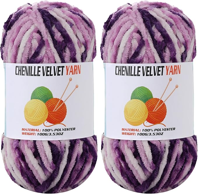 2 * 100g Velvet Chenille Chunky Yarn, Handcrafts Weaving Soft Chenille Yarn for Crocheting Clearance, Used for Making Baby Yarn Blanket, Clothes, Knitting Creations (Colorful - F)