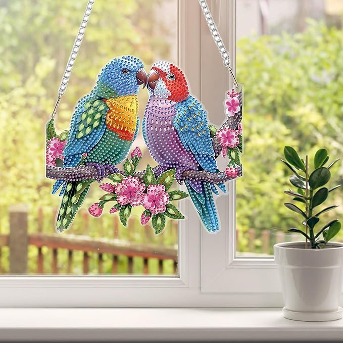 HEIBAGO Bird Diamond Art Hanging Kits for Adults, Two Birds Diamond Art Suncatchers, 5D Special Shape Diamond Painting Pendant,DIY Window Ornament Gifts for Home Garden Door Wall Decor 8.3x8.3 in