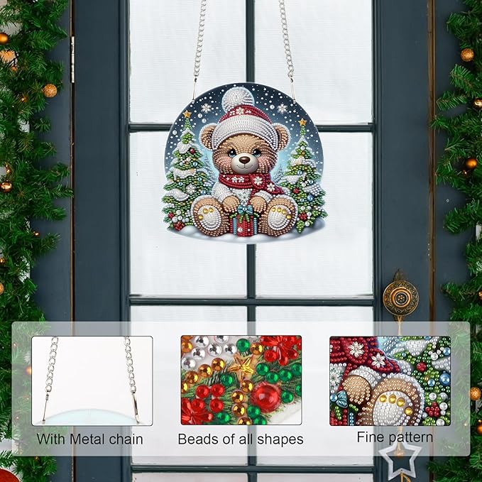 Christmas Diamond Painting Hanging Ornament Kit, 5D DIY Crystal Diamond Art Pendant with Bear Doll and Christmas Tree, Wall, Window & Door Decoration for Adults, Home Holiday Gift, 24.1 x 23.1 cm