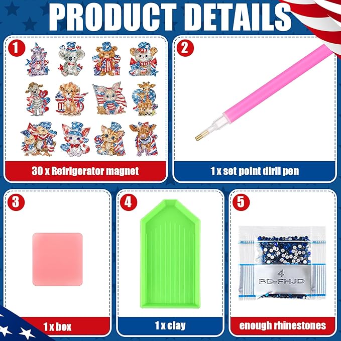 Xuhal 30 Pcs 4th of July Diamond Painting Magnets Patriotic Diamond Art Magnet Kits for Adults Memorial Day Red White Blue Animal 5D Rhinestone Refrigerator Magnetic Sticker for Fridge DIY Craft Gifts