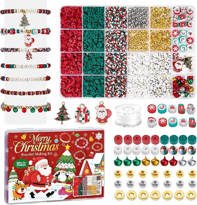 Taybonds Christmas Clay Beads for Bracelets Jewelry Making Kit, Xmas Colored Red Green Heishi Bead Kit,Christmas Charms,Golden Spacer Beads,Letter Beads for Friendship Gift,Holiday Polymer Clay Beads
