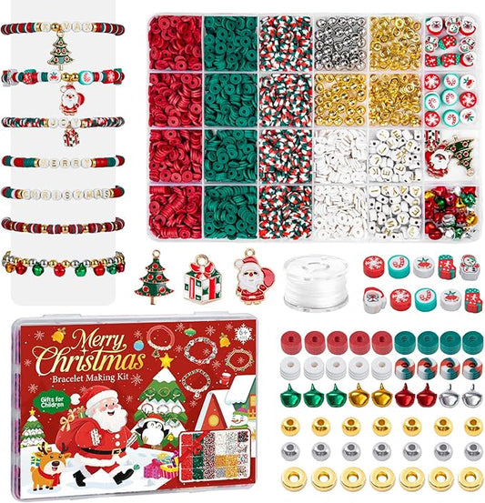 Taybonds Christmas Clay Beads for Bracelets Jewelry Making Kit, Xmas Colored Red Green Heishi Bead Kit,Christmas Charms,Golden Spacer Beads,Letter Beads for Friendship Gift,Holiday Polymer Clay Beads