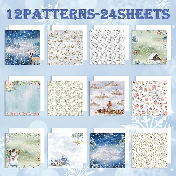 Christmas Pattern Scrapbook Paper, 6 Inch Card Production Supplies, 24 Sheets Single Sided Acid-Free Cardstock Greeting Card, Handmade Gift Journaling Craft Kits (F-style)